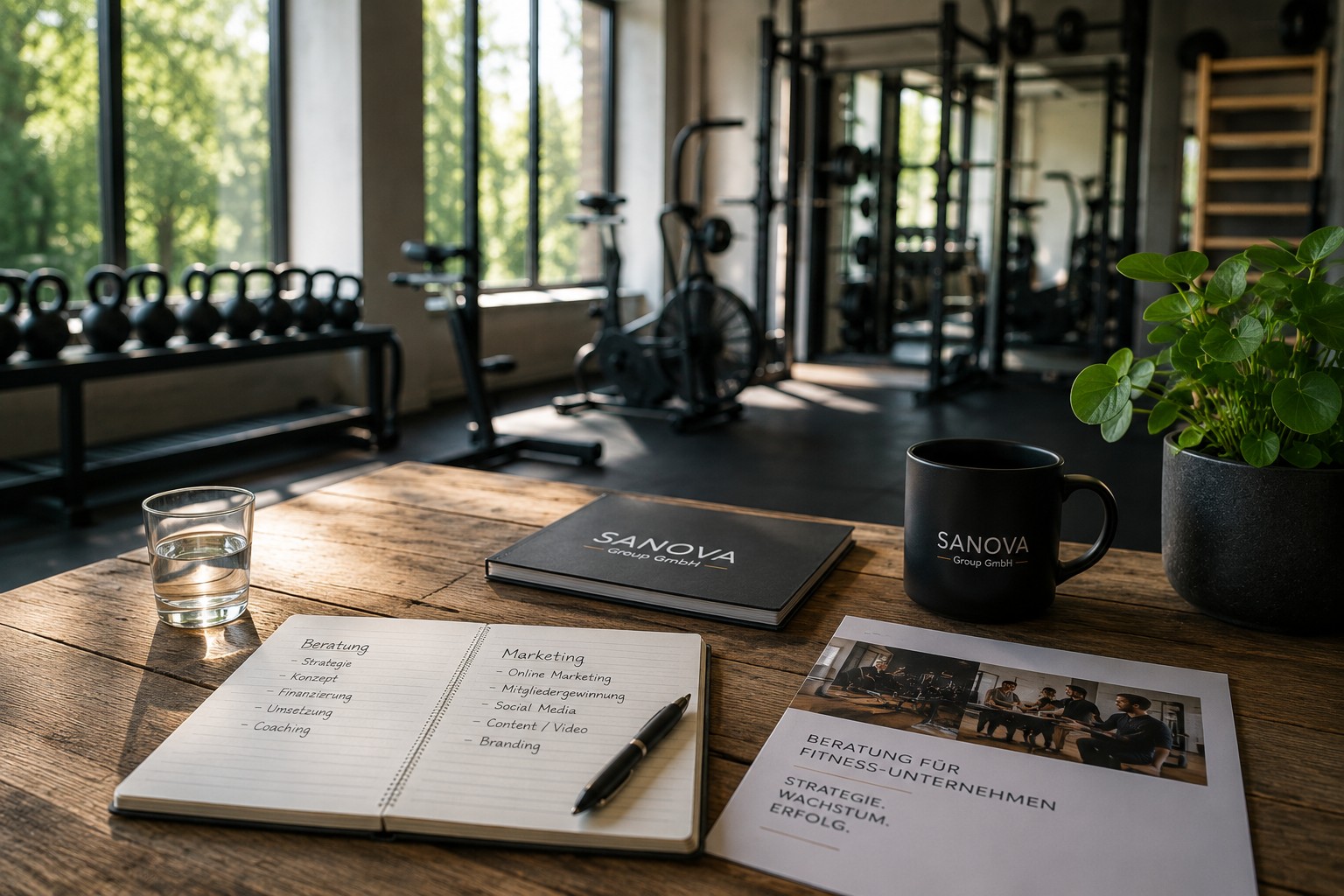 Arbeitsunterlagen und Notizbuch mit SANOVA-Branding auf einem Tisch in einem Fitnessstudio