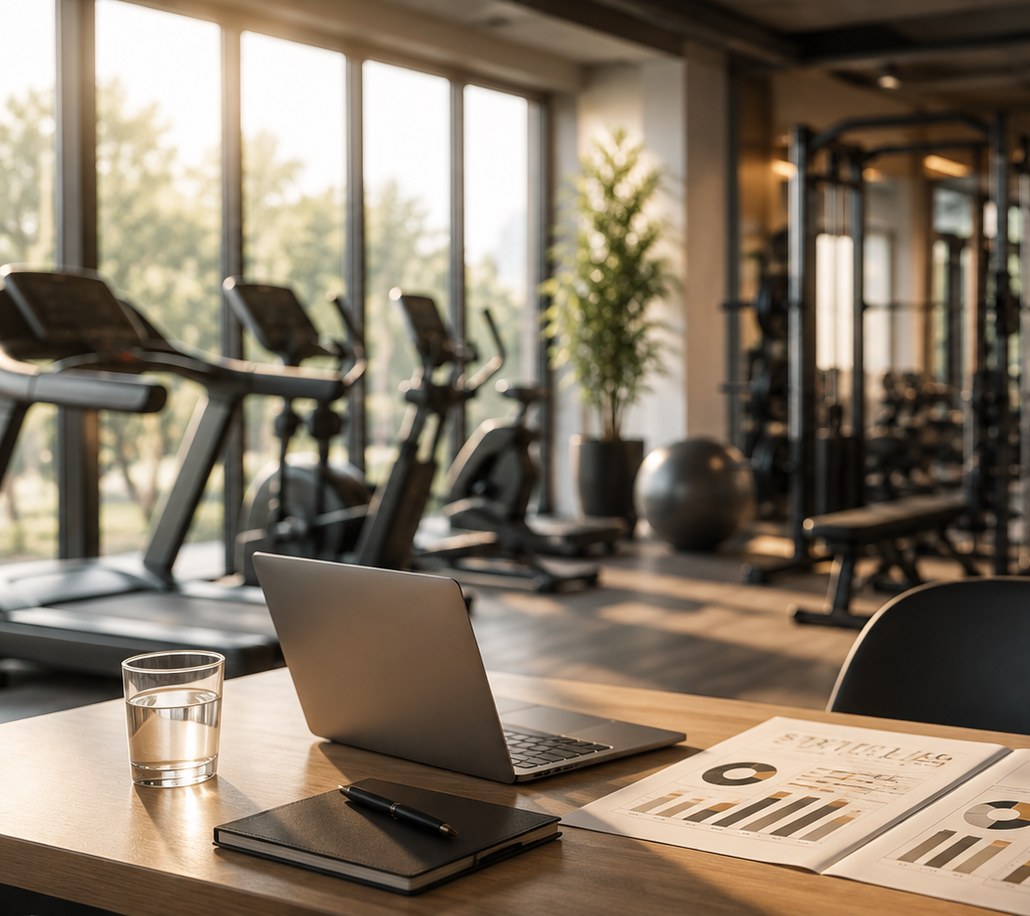 Moderner Arbeitsplatz mit Laptop und Auswertungen, im Hintergrund ein Fitnessstudio